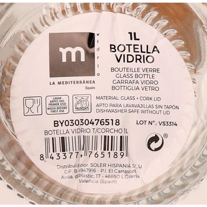 Botella de vidrio con tapón de corcho 1L - La Mediterranea (24 Unidades) 2