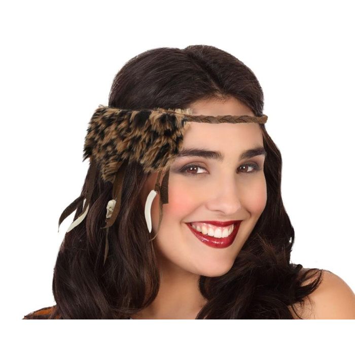 Cinta para el Pelo Cavernicola con Piel de Animal y Dientes Tribales - Disfraz Prehistorico Fiesta Tematica