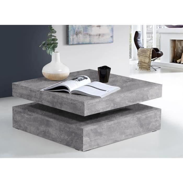 Mesa de centro cuadrada giratoria - Tablero de partículas - Decoración de hormigón gris claro - Clásica - L 78 x P 78 x H 35,4 cm - CAFÉ 2 Mesa de centro cuadrada giratoria - Tablero de partículas - Decoración de hormigón gris claro - Clásica - L 78 x P 78 x H 35,4 cm - CAFÉ 2
