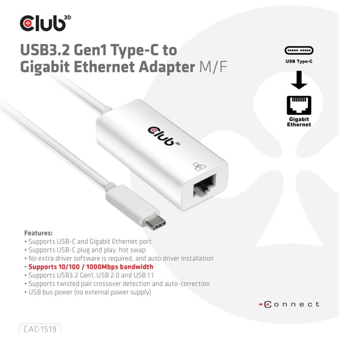 Club3D Adapter USB 3.2 Typ C > RJ45 Gigabit LAN St/Bu 2 Club3D Adapter USB 3.2 Typ C > RJ45 Gigabit LAN St/Bu 2