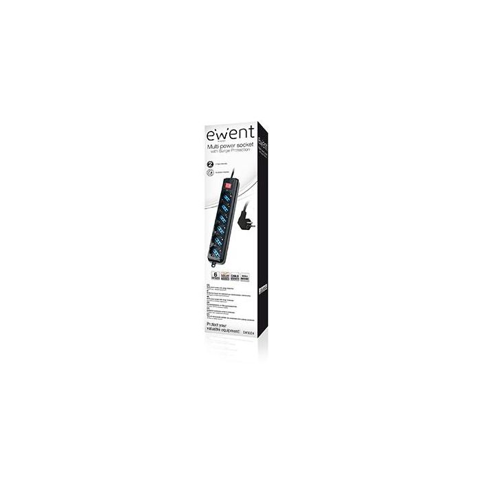 Ewent EW3924 Base múltiple 6 salidas AC Tipo F con protección sobretensión, interruptor ON/OFF, cable 1.5m, 2500W, negro 1