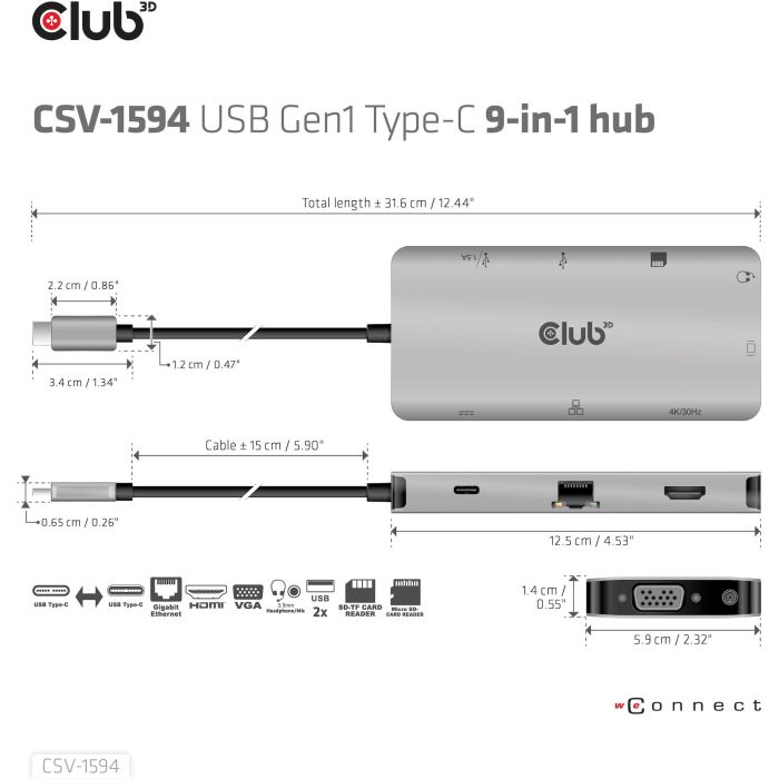 Club3D CAC-1589 USB-C 9in1-HUB HDMI/VGA/2xUSB/USB-C/RJ45/SD PD100W