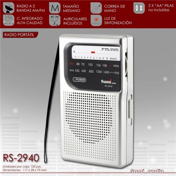 SAMI Radio 2 Bandas Mediana Vertical con Auriculares, Color Plata