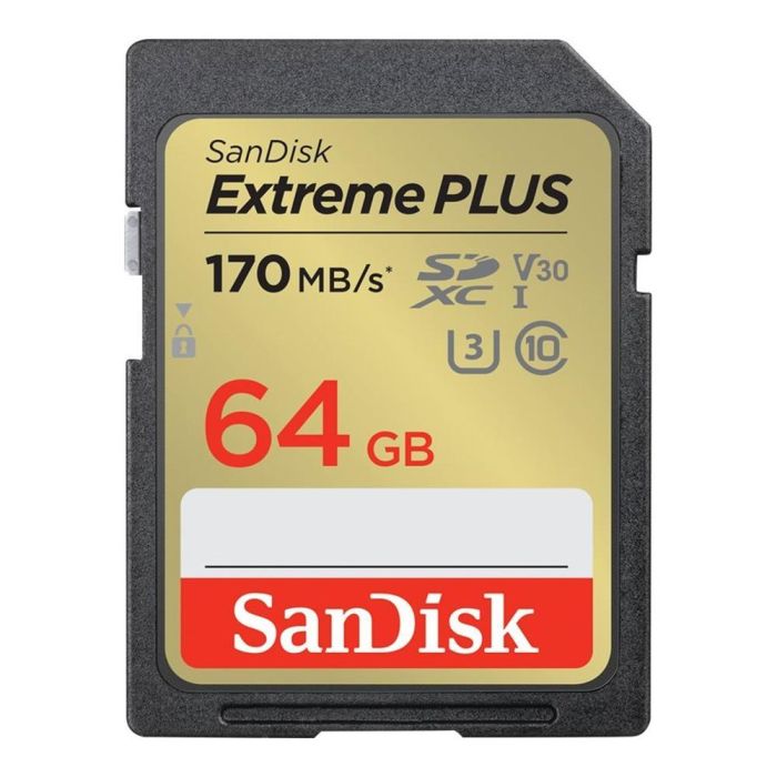 SanDisk Tarjeta Memoria Secure Digital SDXC Extreme PLUS 64GB UHS-I U3 170 MB/s para 4K Resistente a golpes y agua