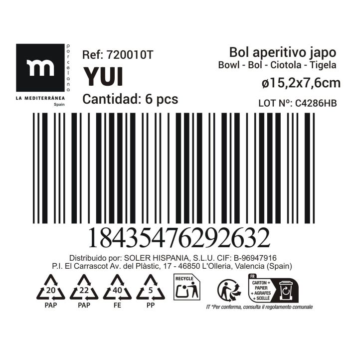 La Mediterranea Bol Aperitivo Japonés Ø15.2 x 7.6 cm Reactivo "Yui" (18 Unidades)