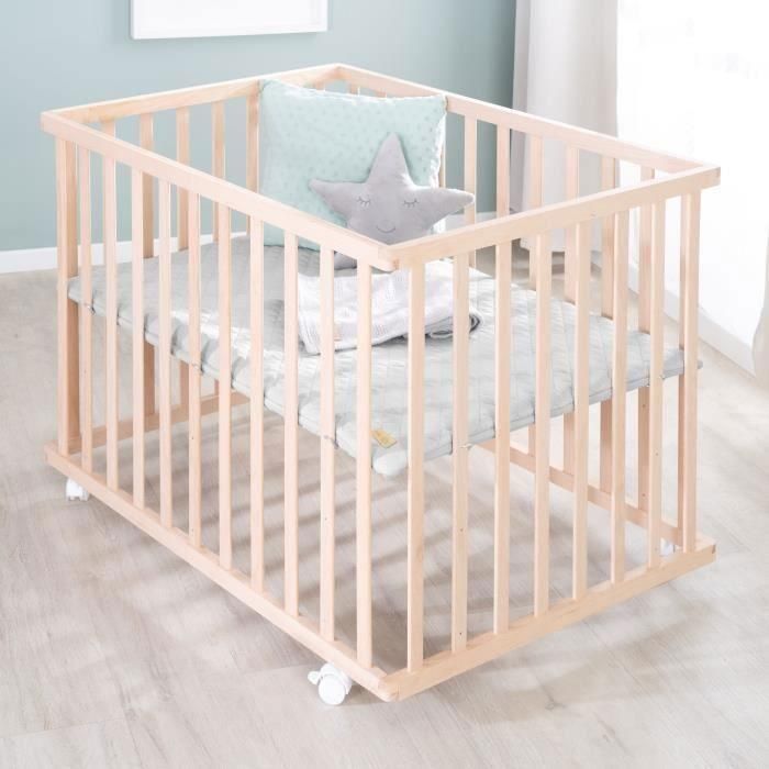 Roba ROB1691002881237 Parque Infantil 75x100 cm Gris con Colchoneta 'Roba Style' y Ruedas de Madera Natural 1