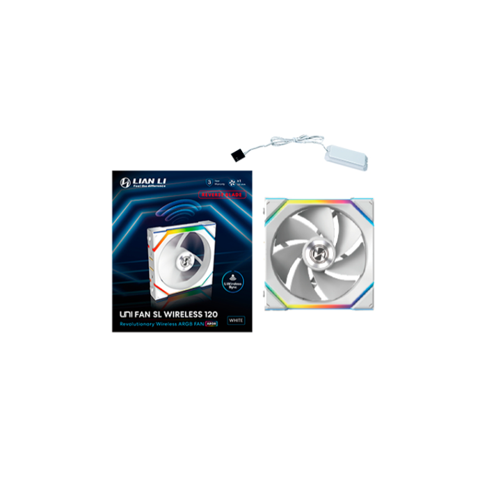 Lian Li Ventilador UNI FAN SL Wireless WH Reverse Blanco 120 mm 4-Pin PWM, Flujo de Aire Invertido, 64 CFM, 0-2000 RPM, 31 dB, 28 mm de Grosor