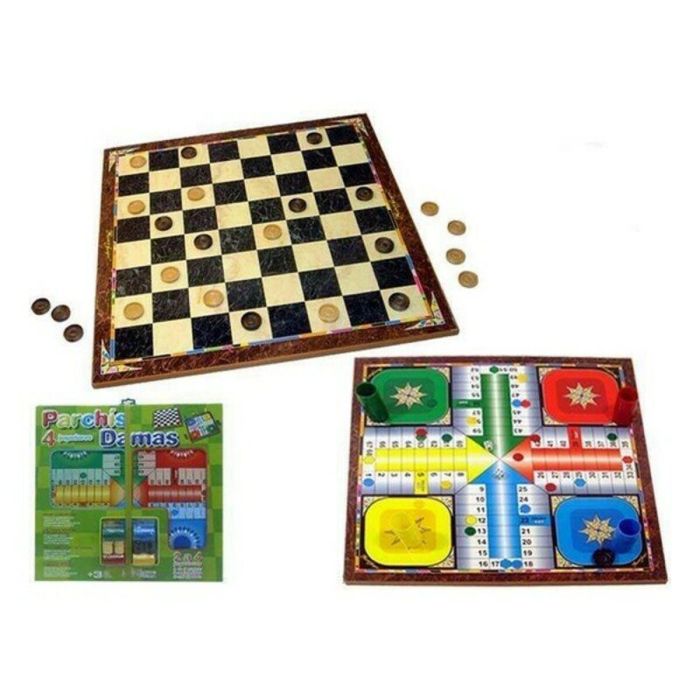 Tablero de madera parchis 4 y damas con accesorios 40,5x40,5x1,2 cm Tablero de madera parchis 4 y damas con accesorios 40,5x40,5x1,2 cm