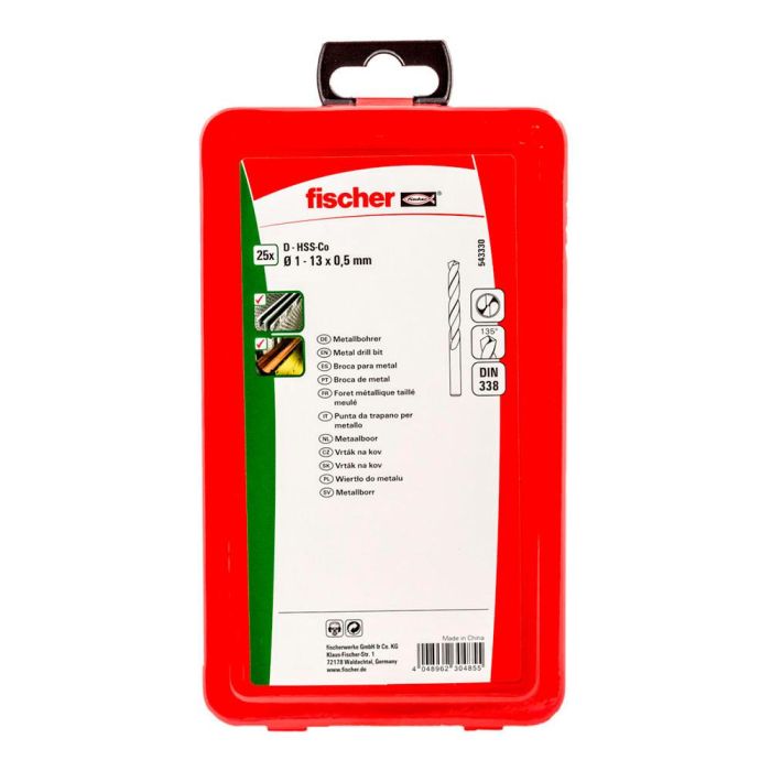 Fischer Broca Universal para Metal HSS-Co DIN 338 Juego 25 Piezas Ø1-13 mm para Acero Inoxidable y Metales Duros
