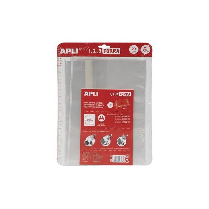 Apli Forro de Libros con Solapa Ajustable 290 mm, Polipropileno 75 Micras, Blíster 5 Unidades