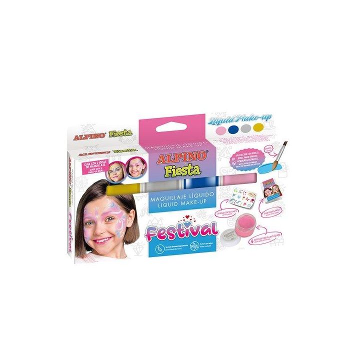 Alpino Maquillaje Líquido Festival Estuche 4 Unidades C-Surtidos Set con Pincel y Tatuajes Cosmético Infantil y Adulto
