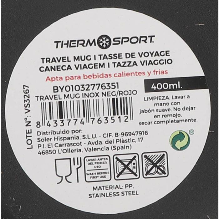 Thermosport Travel Mug 400ml Acero Inoxidable con Dimensiones 8cm Ancho x 17cm Alto x 12cm Largo 1
