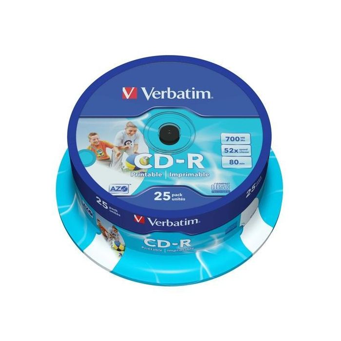 Verbatim Cd-R Azo, 700Mb, 52X, 25 Pack Spindle, Superficie Wide Inkjet Printable 23 118 mm Verbatim Cd-R Azo, 700Mb, 52X, 25 Pack Spindle, Superficie Wide Inkjet Printable 23 118 mm