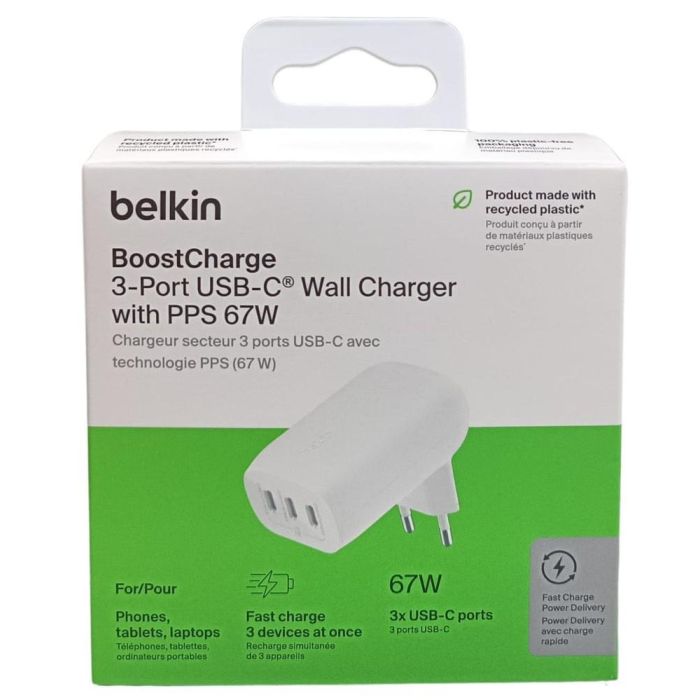 Belkin Cargador WCC002VFWH 67W 3X USB-C Blanco para Carga Rápida y Múltiples Dispositivos 1