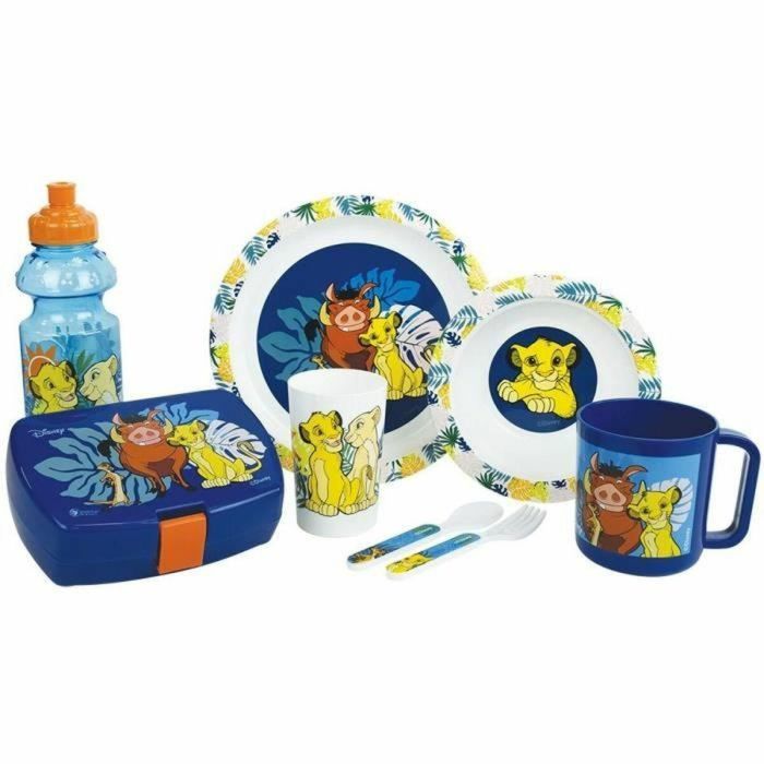 Fun House FUN3524550063607 Juego de Vajilla Disney El Rey León - Set con Vaso, Platos, Taza, Botella, Cubiertos y Caja Aperitivos