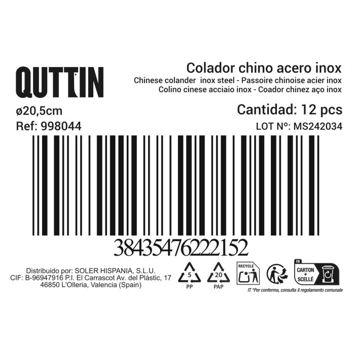 Colador Chino 20 cm Quttin (12 Unidades) 5