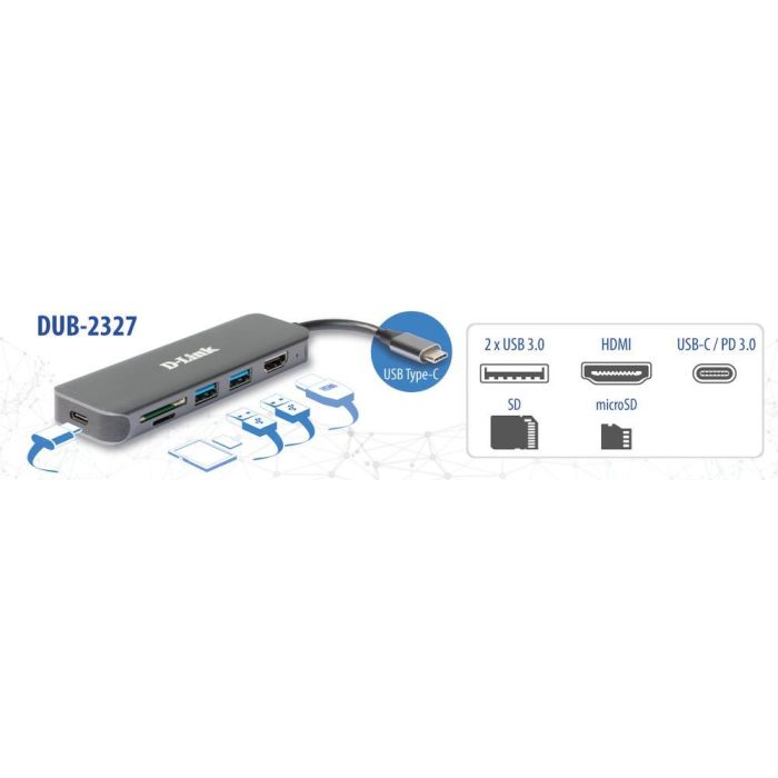 D - link Docking D - Link USB Tipo C 6, 2x USB 3.2 Gen 1, 1x USB Tipo C, 1x HDMI 1.4, Lector Tarjetas SD, 4K Ultra HD, Power Delivery 60W, Gris