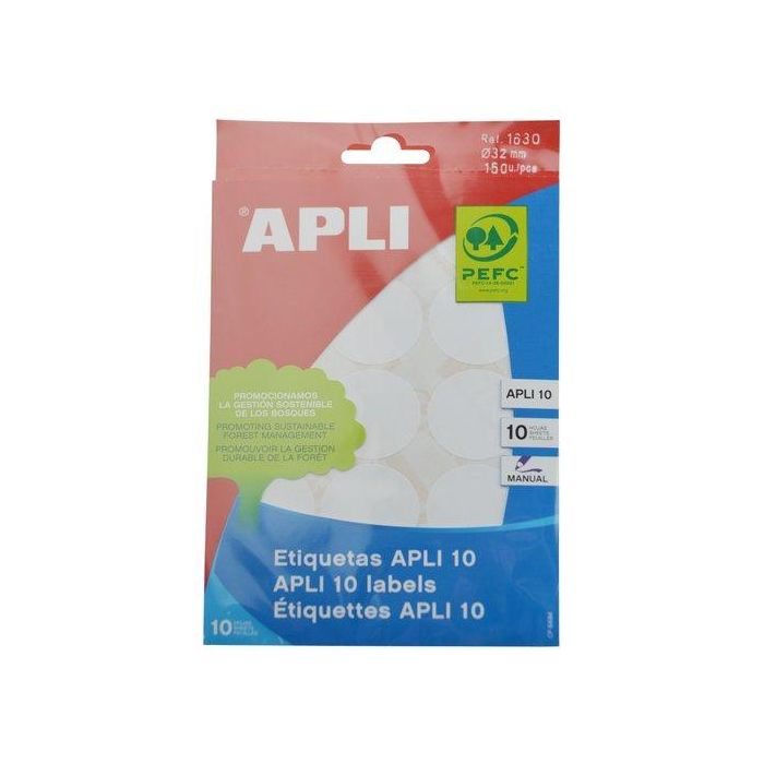 Etiquetas Adh.Manuales Bolsa Apli Blancas 10H Redondas Ø 32 Mm 150 Uds.(01630) 10 unidades
