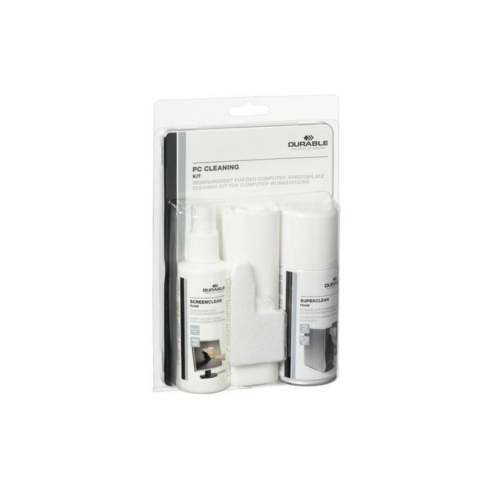 Durable PC Cleaning Kit, 1 x 150ml Surface foam, 1 x 125ml Screenclean fluid, 10 x absorbant wipes, 1 x keyboard tool 1
