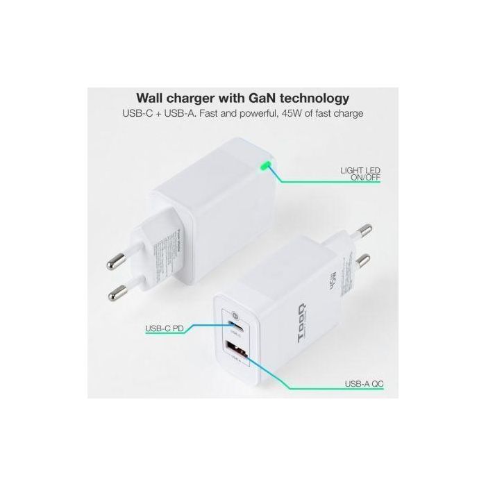TOOQ CARGADOR DE PARED GaN USB-C/PD + USB-A/QC 45W 1