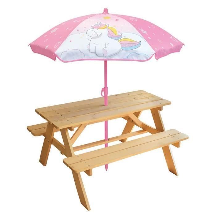 Mesa de picnic de pino Unicornio con sombrilla - FUN HOUSE - Al.53 x L.95 x P.75 cm - Para niños 1