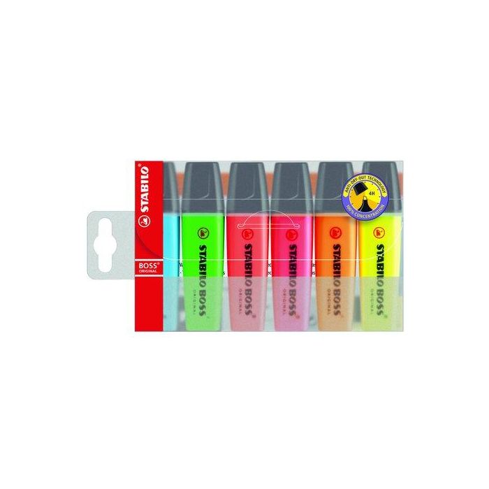 Stabilo Marcador Fluorescente Boss Original - Blíster 6 Unidades, 9 Colores Fluorescentes, Tecnología Antisecado