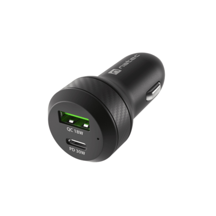 NATEC Coney Cargador Coche Encendedor Cigarrillos Universal con 1 Puerto USB-C Carga Rápida, Protección Sobretensión, Negro