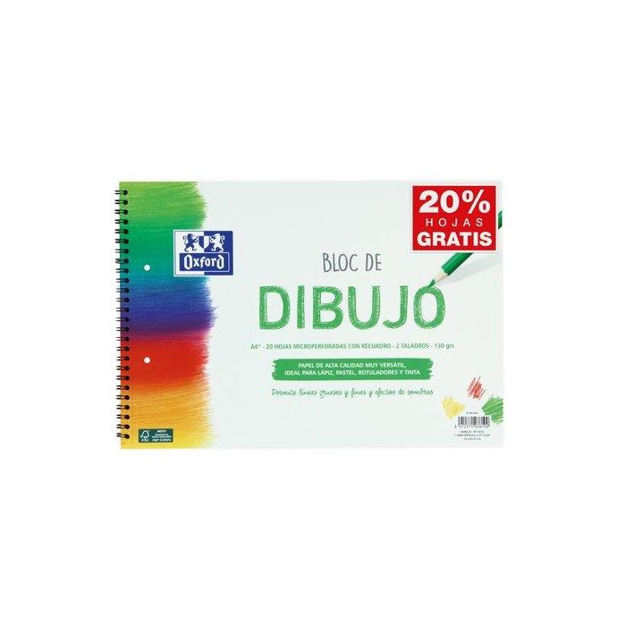 Oxford Bloc Dibujo Escolar Multitaladro 2 T- Blanda Espiral 20H 130 gr A4+ C- Recuadro Liso Blanco