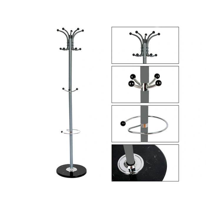 Q-connect Perchero Metálico Gris de Pie con 10 Colgadores y Paraguero 174x40cm 4 Q-connect Perchero Metálico Gris de Pie con 10 Colgadores y Paraguero 174x40cm 4