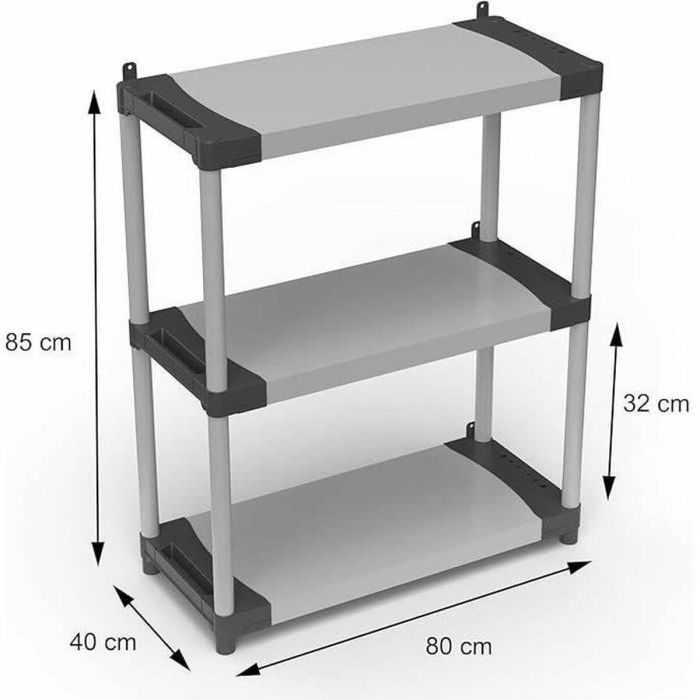 Tood TOO8019053053163 Estante de Plástico con 3 Estantes, Carga 80 kg por Estante, 80x40x85 cm, Negro/Gris 3