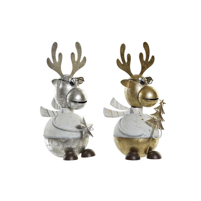 DKD Home Decor Figura de Navidad Alpina Reno con Gafas Metálica Dorado Plateado 13 x 27 x 14 cm (2 Unidades)