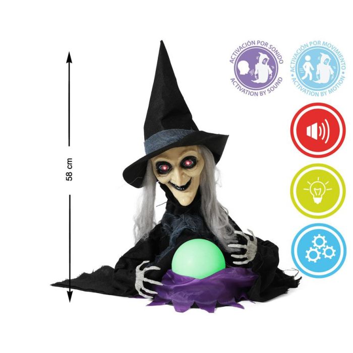 Figura Bruja Halloween Animada Con Sombrero Negro, Pelo Gris Y Bola De Cristal Con Luz Y Sonido