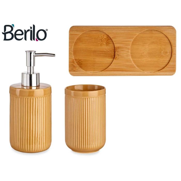 Set de Baño Cerámica 2 Piezas Camel con Bandeja de Bambú - Berilo 9x18.5x20 cm (6 Unidades) 3 Set de Baño Cerámica 2 Piezas Camel con Bandeja de Bambú - Berilo 9x18.5x20 cm (6 Unidades) 3