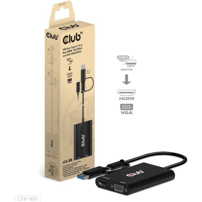 Club3D Adapter USB Typ C/A > HDMI / VGA St/Bu 10 Club3D Adapter USB Typ C/A > HDMI / VGA St/Bu 10