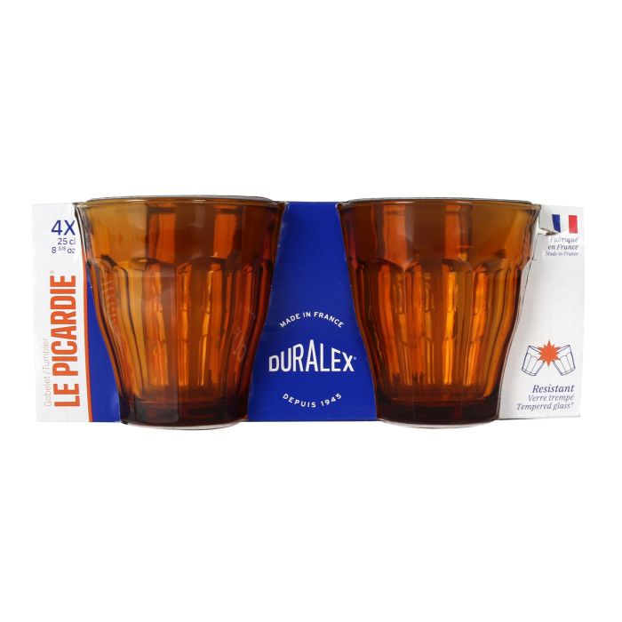 Duralex Set de 4 Vasos "Picardie" 25 cl / 0.25 L, Vidrio Templado Ámbar, Dimensiones 8.7 x 8.7 x 9 cm (12 Cajas)