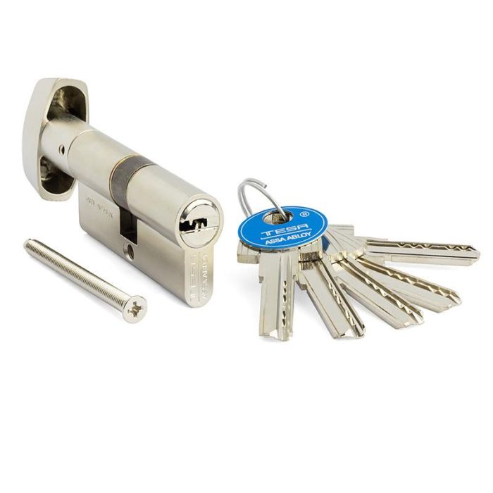 Tesa T65B3535N Cilindro de Seguridad T60 Leva Larga Anti-Bumping, Antiganzúa, Antitaladro con Llave Plana Reversible, 6 Pitones y 5 Llaves Niquelado