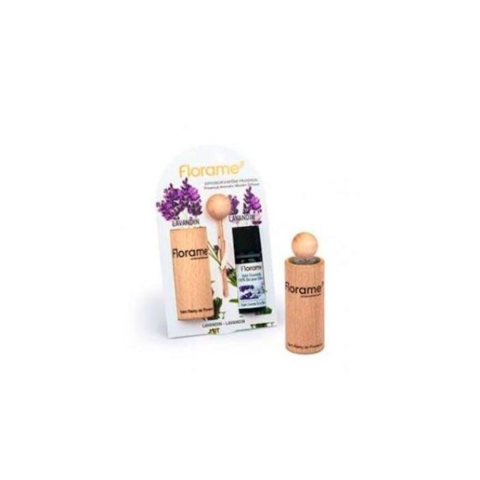 FLORAME Difusor Provenzal de madera + Aceite esencial Lavanda 10 ml para coche/espacios pequeños, vegano Ecocert