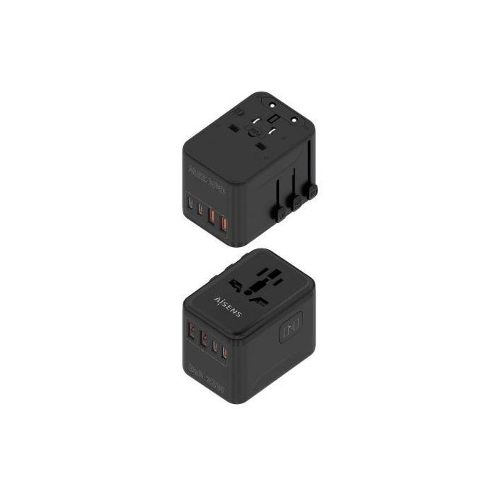 AISENS - ADAPTADOR ENCHUFE UNIVERSAL PARA VIAJE EU/USA/UK/AU CON CARGADOR USB GaN, 2xUSB-A QC3.0, 2xUSB-C PD3.0 25W, NEGRO