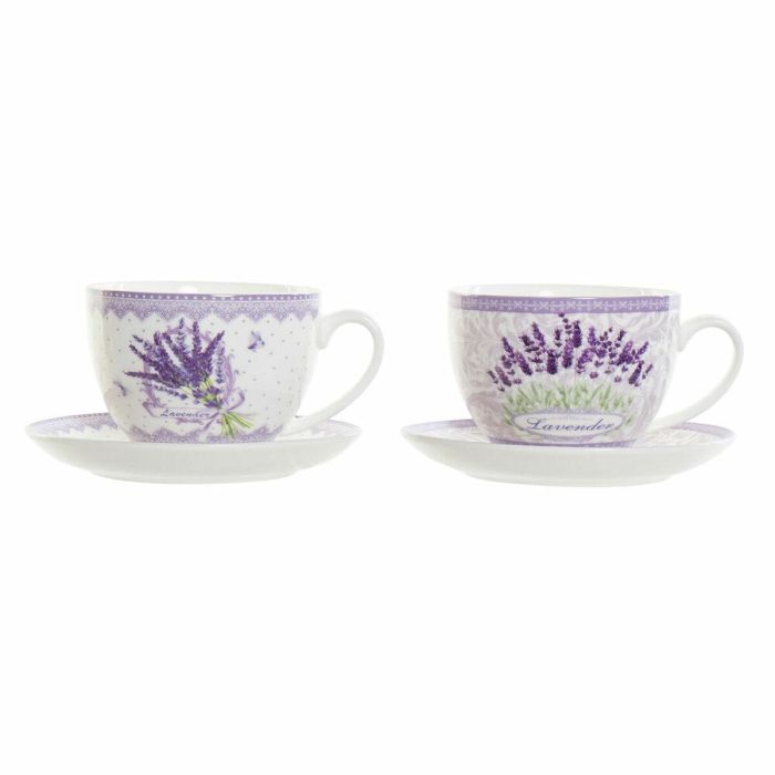 Taza con Plato DKD Home Decor Lavanda (220 ml) (2 pcs)