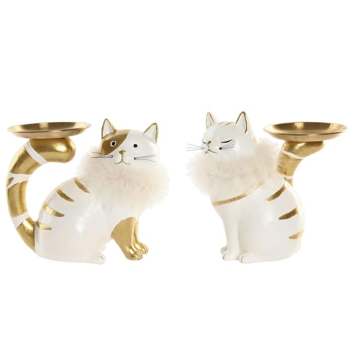 DKD Home Decor Figura de Gato con Bandeja Resina Blanco Dorado 10.5 x 17 x 21 cm (4 Unidades)