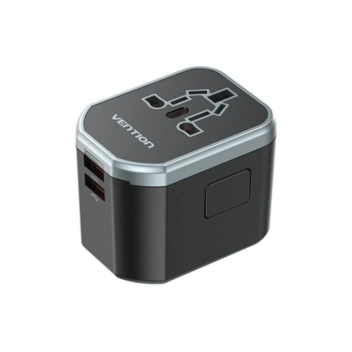 Vention FJCB0 Cargador de Pared Universal para Viaje, 1xUSB Tipo-C, 2xUSB, 20W Carga Rápida Compatible con Enchufe US, AU, UK, EU