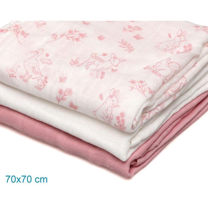 Set De 3 Muselinas Rosa, Blanco Y Estampado De Animalitos 70x70 cm