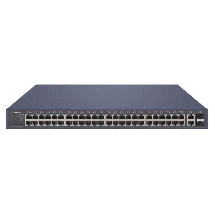 Hikvision Switch PoE Smart 48 Puertos Gigabit, 2x RJ45, 2x Fibra Óptica, 470W, IEEE 802.3af/at, 104 Gbps Capacidad