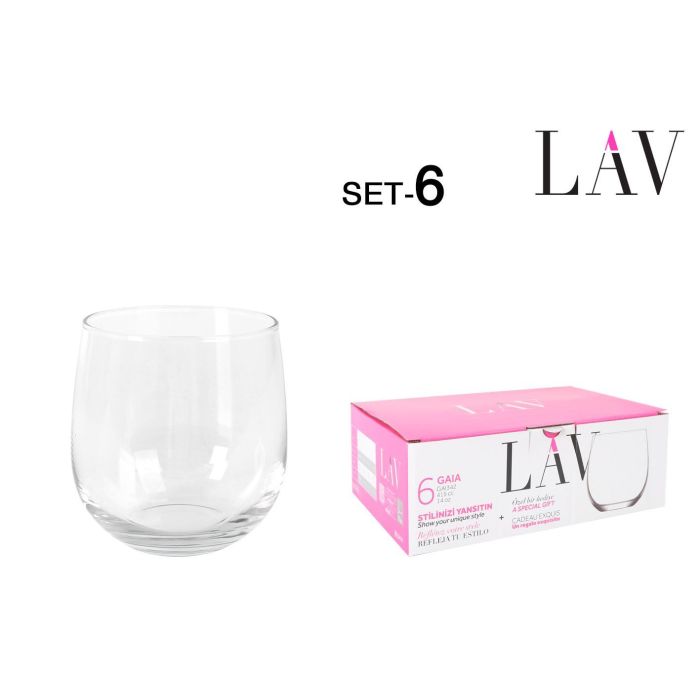 LAV Set 6 Vasos Gaia 415 cc, Diámetro 7.5 cm, Altura 9.2 cm (8 Cajas) LAV Set 6 Vasos Gaia 415 cc, Diámetro 7.5 cm, Altura 9.2 cm (8 Cajas)