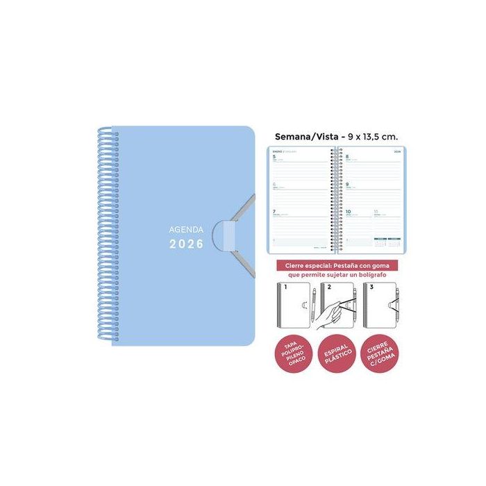 Agenda Anual (2026) Senfort Mini Espiral Tapa Pp Con Goma 90X135 S/V Azul Pastel
