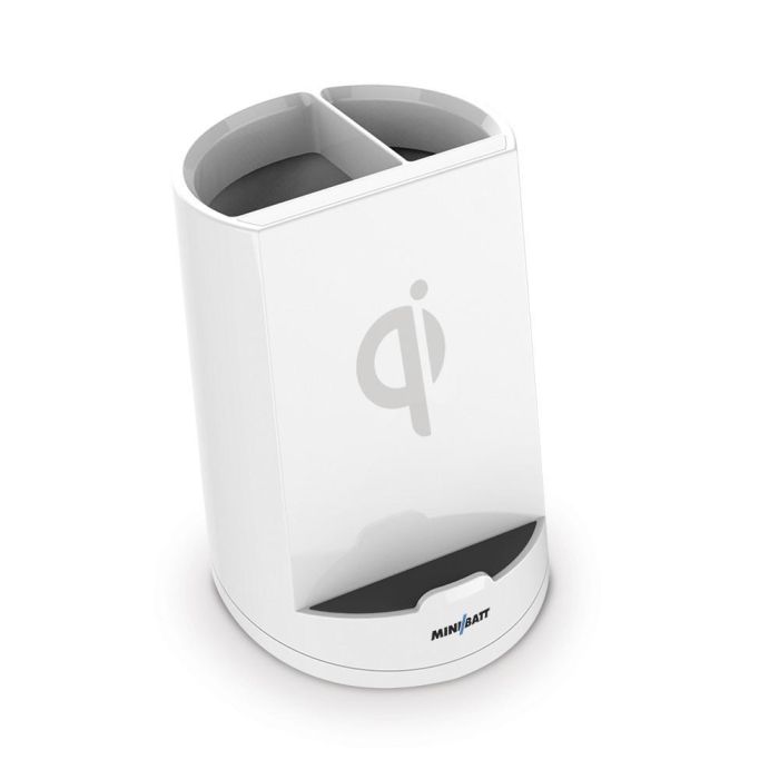Mnibatt Cargador Inalámbrico Qi De Sobremesa Color Blanco - Diseño De Lapicero - Dos Bobinas De Inducción De 10 W Mnibatt Cargador Inalámbrico Qi De Sobremesa Color Blanco - Diseño De Lapicero - Dos Bobinas De Inducción De 10 W