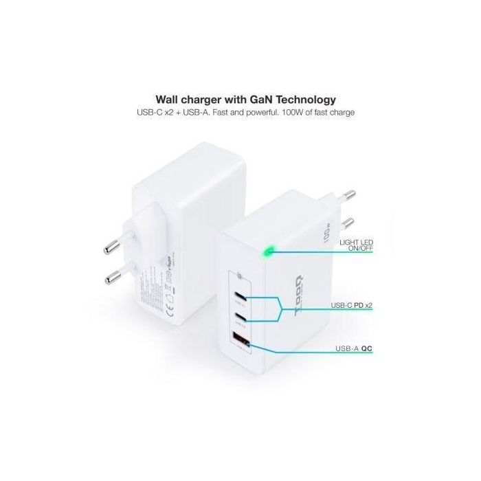 TooQ TQWC-GANQC2PD100W Cargador de Pared GaN 100W con 2xUSB-C PD y 1xUSB-A QC Blanco 1 TooQ TQWC-GANQC2PD100W Cargador de Pared GaN 100W con 2xUSB-C PD y 1xUSB-A QC Blanco 1