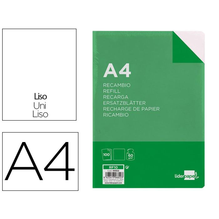 Recambio Liderpapel A4 100 Hojas 60 gr-M2 Liso Sin Margen 4 Taladros