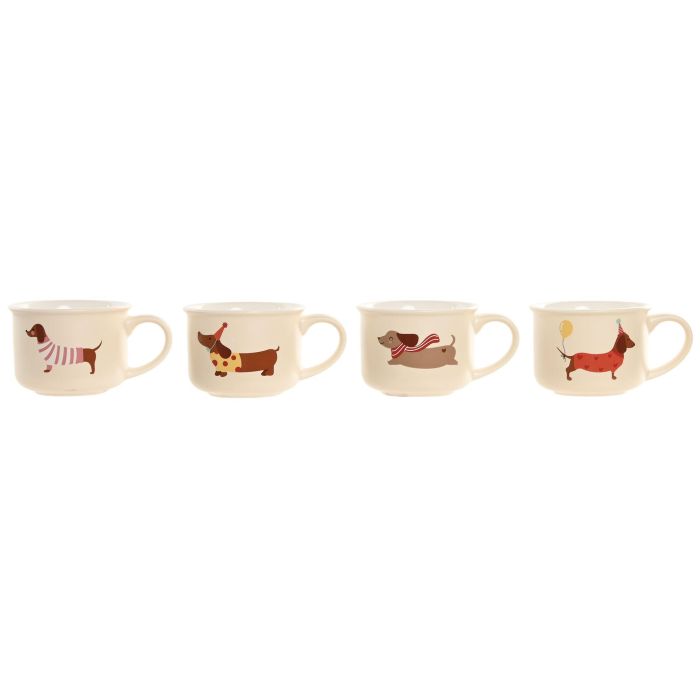 DKD Home Decor Taza de Porcelana New Bone 250ml Multicolor/Beige con Perro, Apta para Microondas y Lavavajillas (12 Unidades)