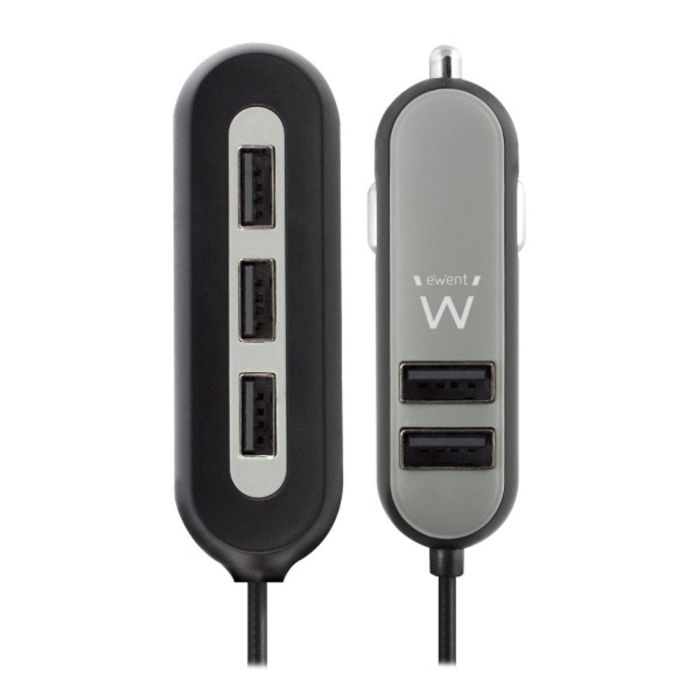 Ewent EW1355 Cargador USB Coche 5 Puertos 10.8A, Smart IC, Protecciones Múltiples, Cable 1.5m